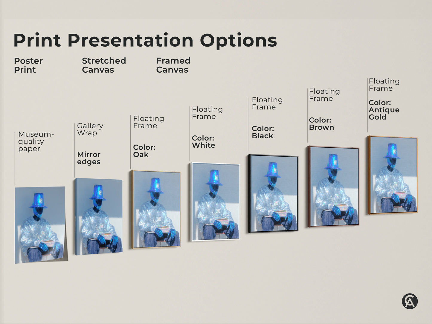 Explore various print presentation options for seated figure artwork. Choose from poster prints to stretched canvases. Also choose framed canvases in multiple colors. Find the perfect art for your space.