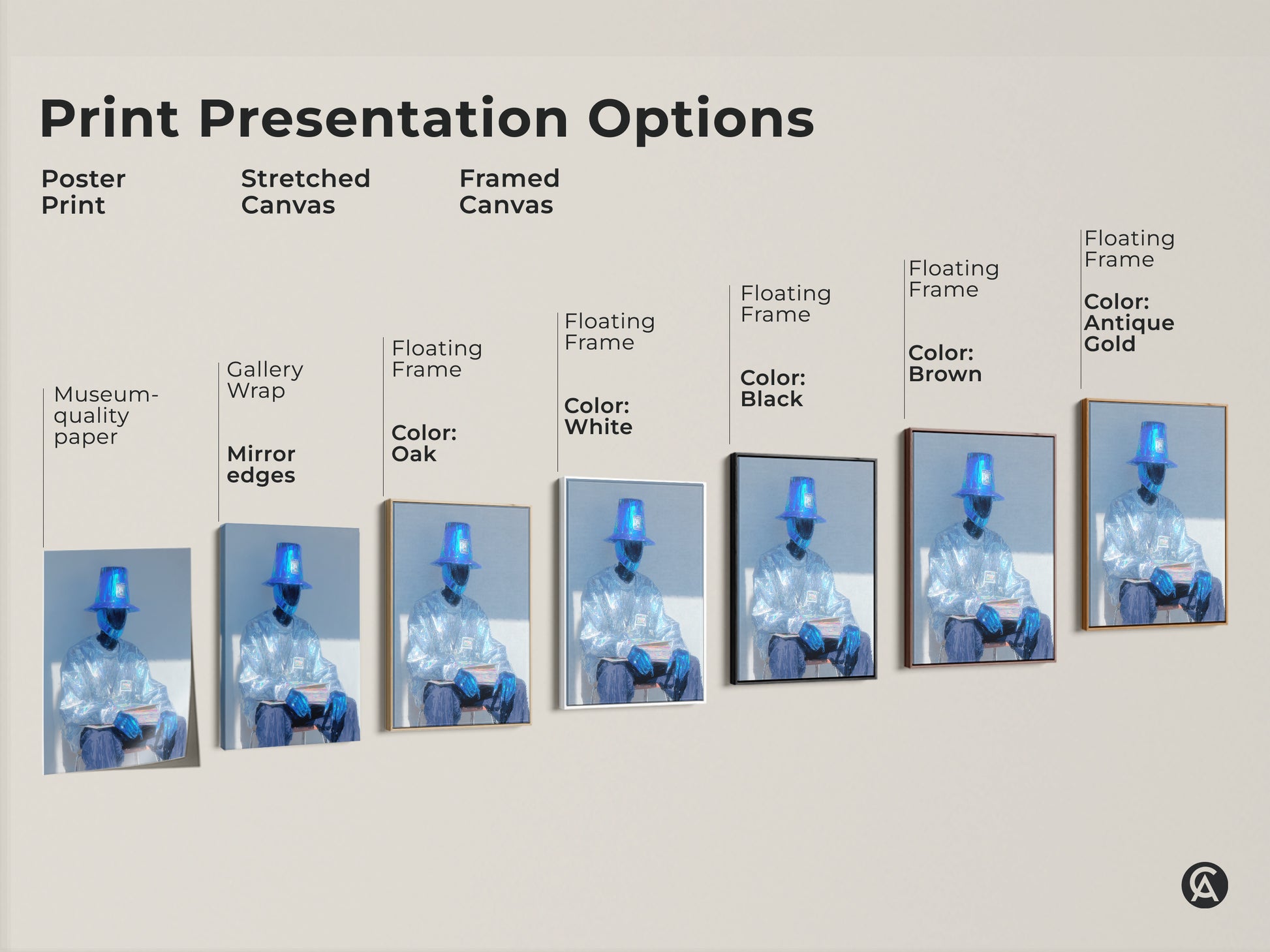 Explore various print presentation options for seated figure artwork. Choose from poster prints to stretched canvases. Also choose framed canvases in multiple colors. Find the perfect art for your space.