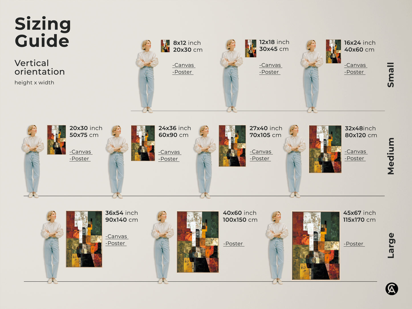 Sizing guide for vertical abstract geometric artwork. Visualize different sizes in canvas and poster prints. Find the perfect fit for your space with terracotta orange green art.