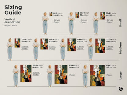 Sizing guide for vertical abstract geometric artwork. Visualize different sizes in canvas and poster prints. Find the perfect fit for your space with terracotta orange green art.