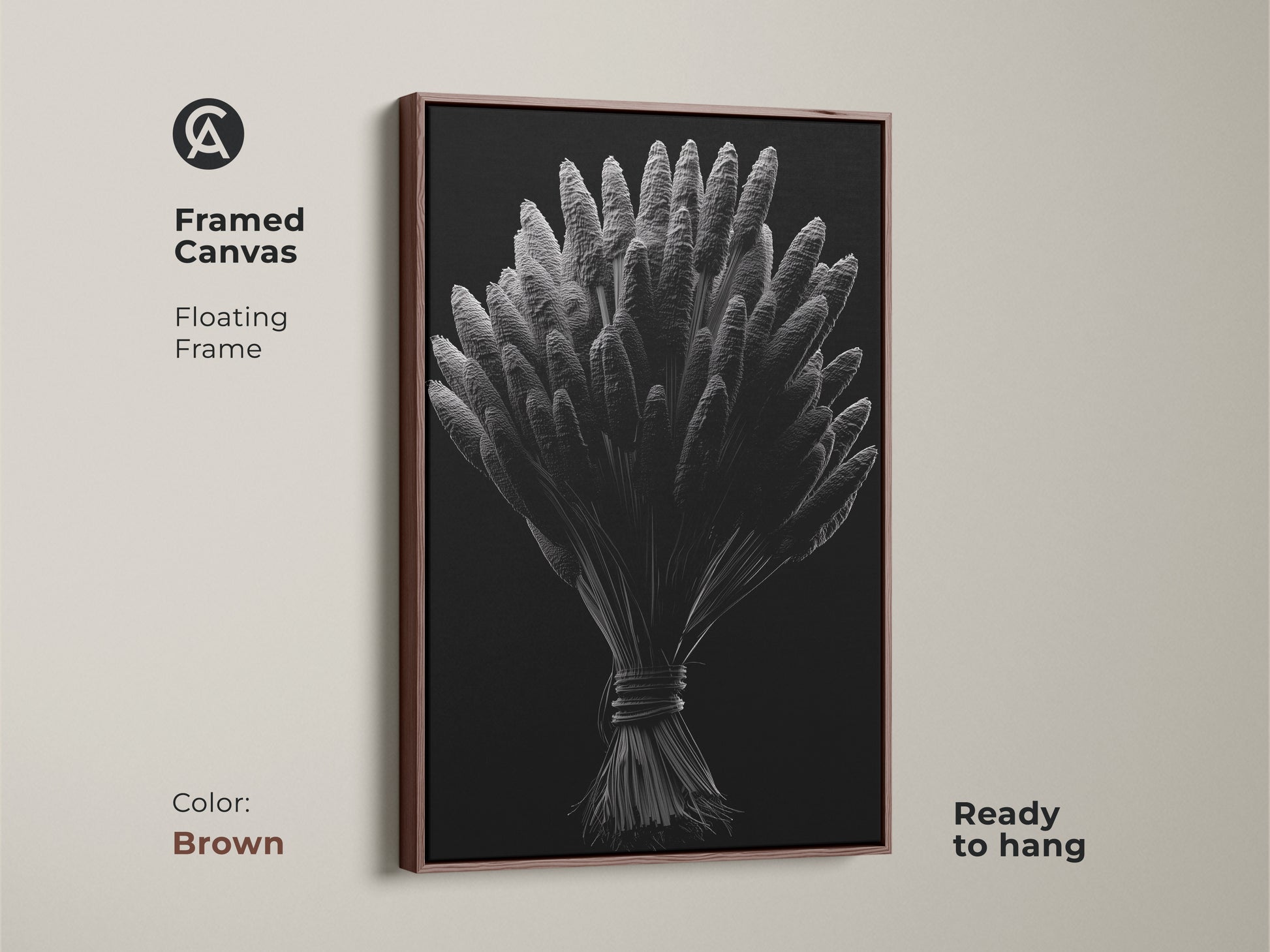 Framed canvas featuring wheat botanical artwork. It has a floating frame. The brown frame complements the black background. This artwork is ready to hang. It is a perfect focal point.