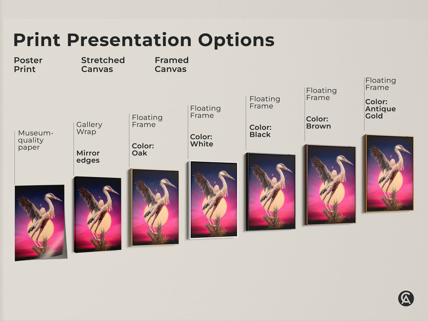 Print presentation options for surreal heron artwork. Choose from poster print stretched canvas or framed canvas. Each piece is museum quality featuring gallery wrap and mirror edges. Select a frame color in oak white black brown or antique gold. This nature animal fine art elevates your home.