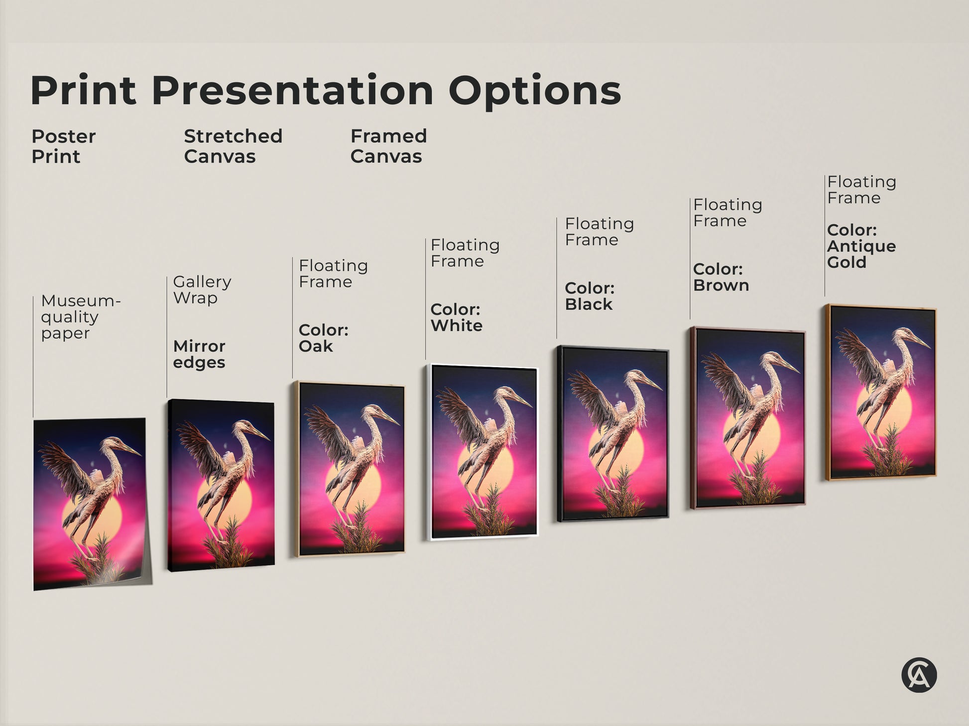 Print presentation options for surreal heron artwork. Choose from poster print stretched canvas or framed canvas. Each piece is museum quality featuring gallery wrap and mirror edges. Select a frame color in oak white black brown or antique gold. This nature animal fine art elevates your home.