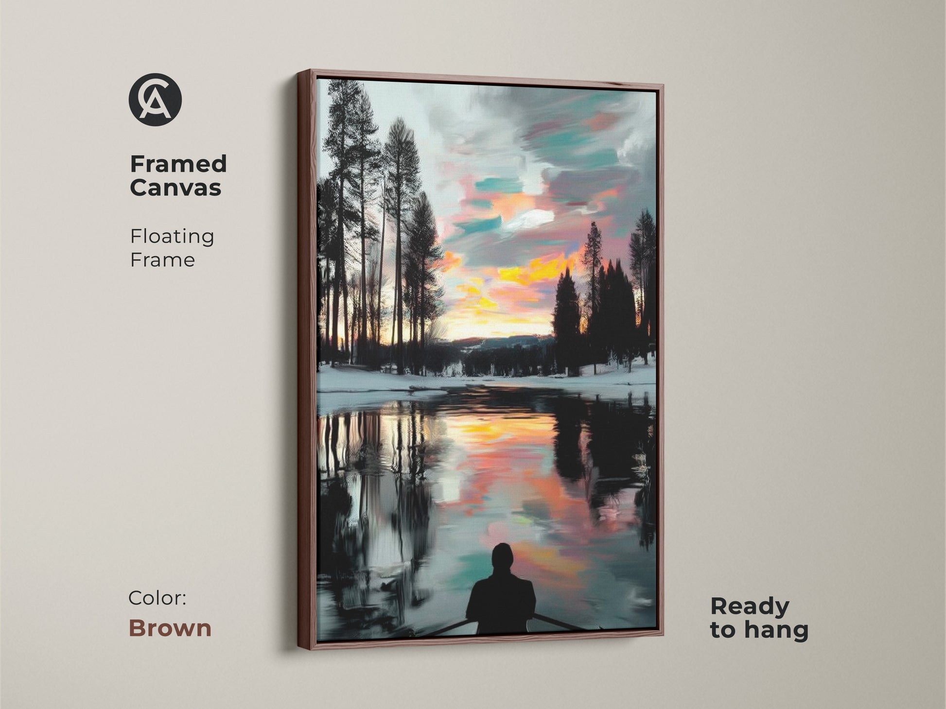 Displayed is a framed canvas with a serene winter sunset scene. A rowboat is on calm waters. The brown floating frame complements the Scandinavian landscape art. The expressive sky print is ready to hang and enjoy.