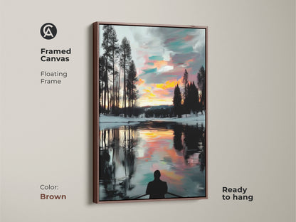Displayed is a framed canvas with a serene winter sunset scene. A rowboat is on calm waters. The brown floating frame complements the Scandinavian landscape art. The expressive sky print is ready to hang and enjoy.