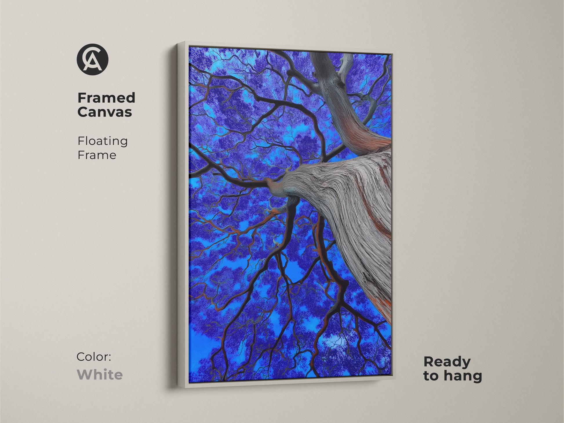Surreal nature wall decor with a white floating frame. This canvas print features an electric blue tree. Abstract botanical branches create a unique tree art piece. It's a perfect nature-inspired home decor gift that is ready to hang.