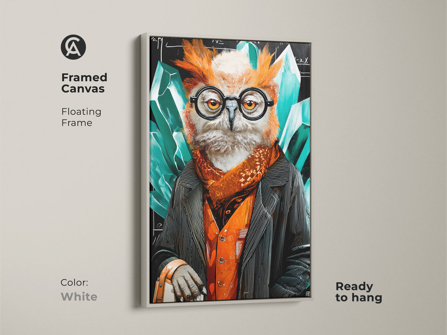This framed canvas features the professor owl art. The white floating frame complements the jewel tone wall decor. The surreal crystal painting is ideal as academic office decor. Its emerald green and orange tones create a visually appealing art piece. A sophisticated and intellectual gift idea.