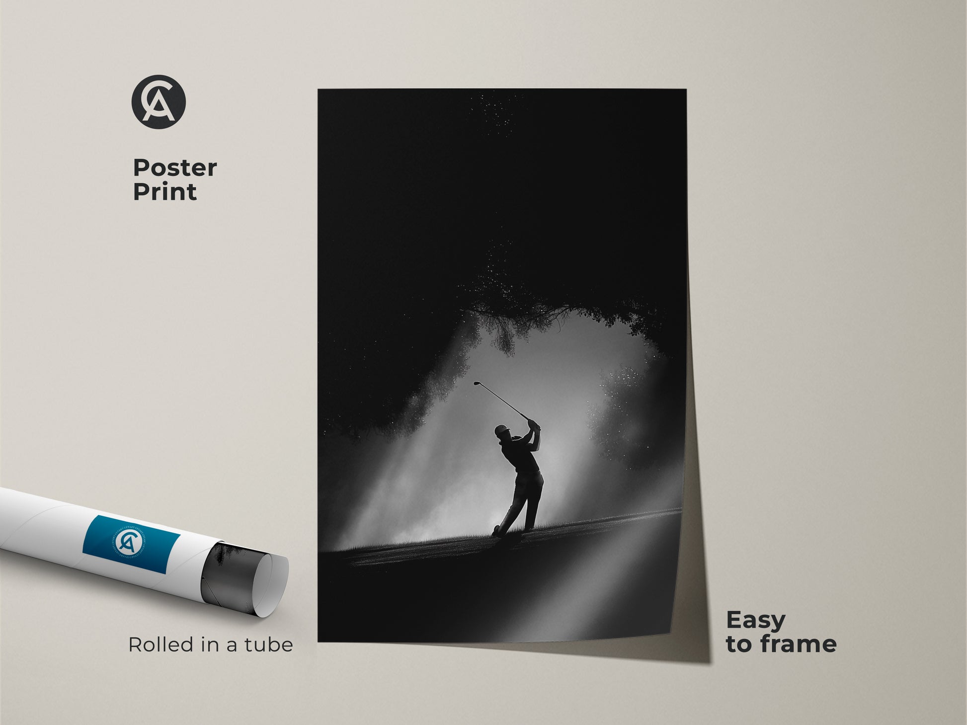 This poster print features a golfer in action. The black and white artwork is rolled in a tube for protection. It is easy to frame and display. Ideal for sports fans and minimalist art collectors.