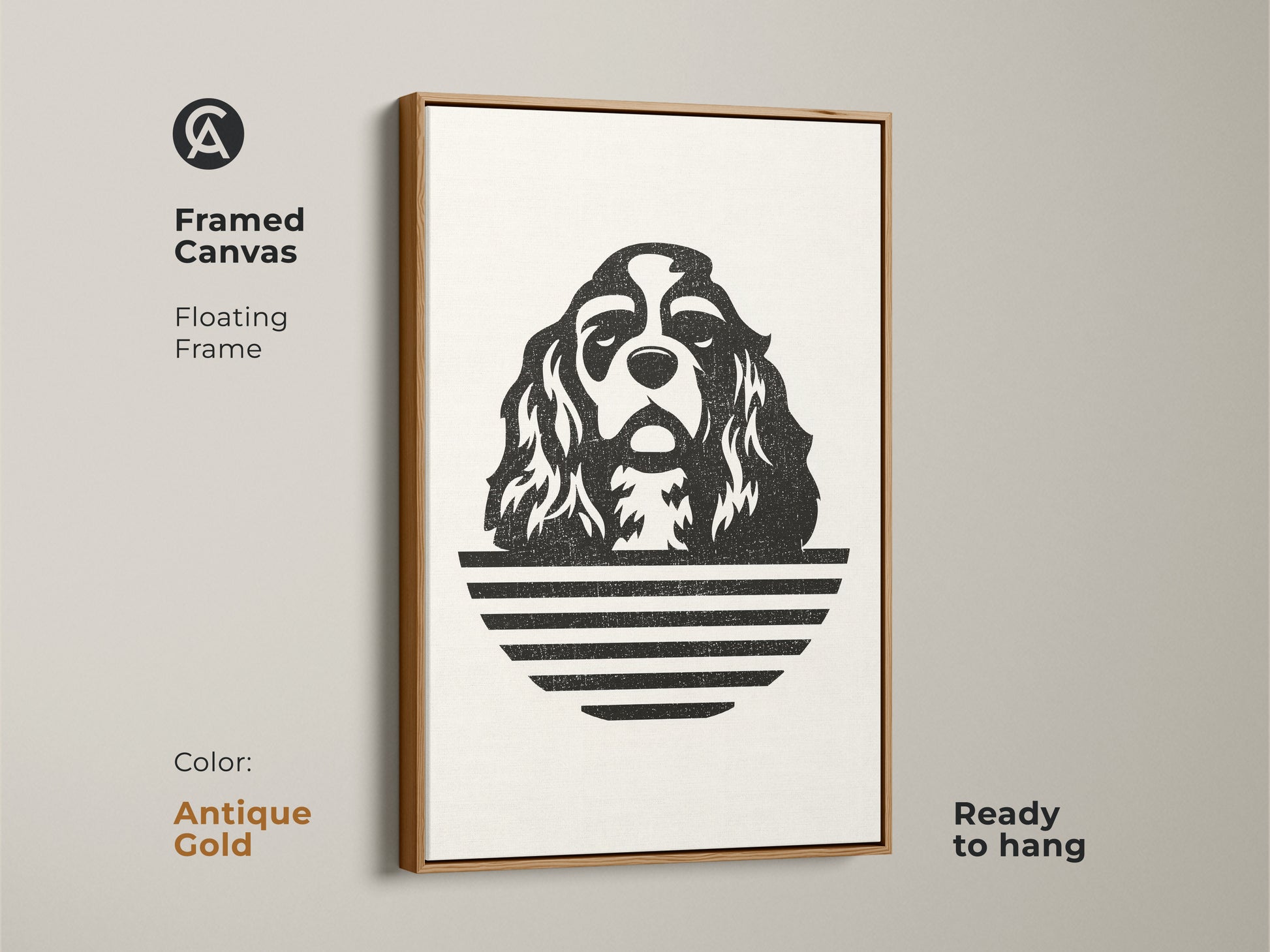 Framed canvas with an antique gold floating frame. The minimalist Cavalier King Charles Spaniel artwork is ready to hang. Black and white dog line art offers a modern aesthetic. Elevate your home decor.