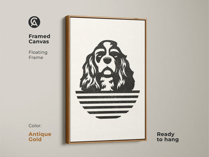 Framed canvas with an antique gold floating frame. The minimalist Cavalier King Charles Spaniel artwork is ready to hang. Black and white dog line art offers a modern aesthetic. Elevate your home decor.