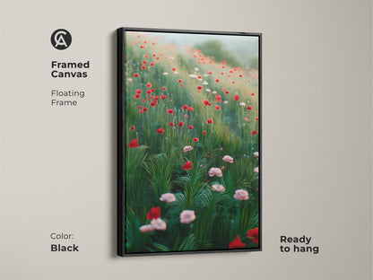 Framed canvas with a floating black frame showcasing red poppy art. This boho floral wall art enhances bedroom decor. It's an impressionistic wildflower canvas. Ready to hang. The nature landscape print adds elegance.