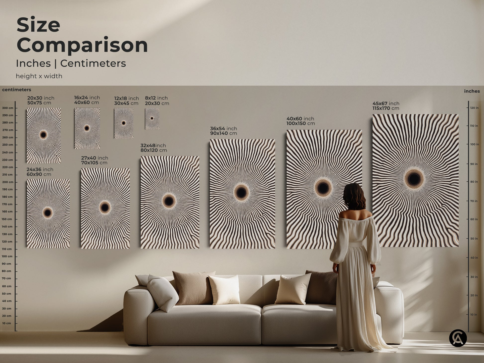 Size comparison of minimalist geometric wall art in a living room setting. See the abstract canvas art in various dimensions. From small to large sizes to complement your contemporary home decor.