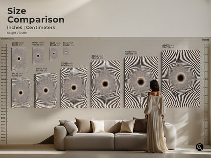 Size comparison of minimalist geometric wall art in a living room setting. See the abstract canvas art in various dimensions. From small to large sizes to complement your contemporary home decor.