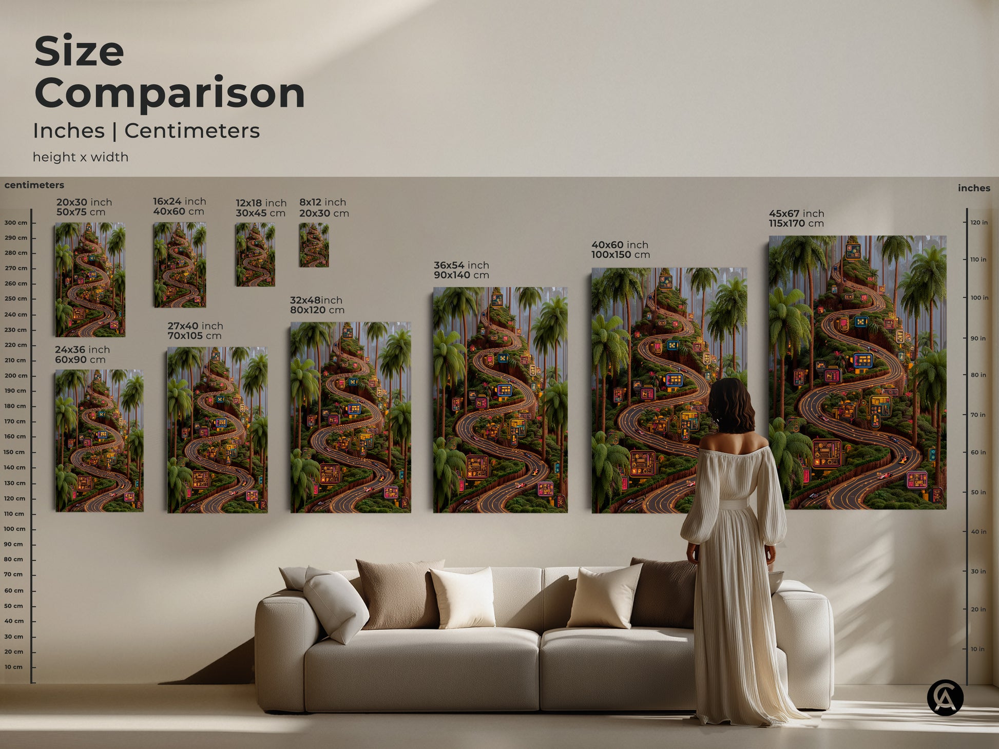 The size comparison of cyberpunk racing art shows vertical orientations. Available as canvas or poster print. Neon road winds through palms. Size ranges from 8x12 to 45x67. Perfect for a game room or man cave with its striking neon colors and dynamic digital style.