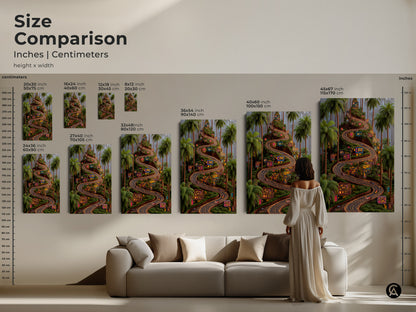 The size comparison of cyberpunk racing art shows vertical orientations. Available as canvas or poster print. Neon road winds through palms. Size ranges from 8x12 to 45x67. Perfect for a game room or man cave with its striking neon colors and dynamic digital style.