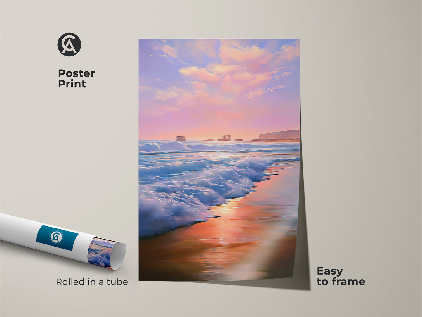 Poster print displays a stunning pink sky beach art piece. Rolled for easy framing this impressionist seascape wall art adds coastal charm. It is a beautiful option for minimalist beach print lovers seeking calm bedroom ocean view.