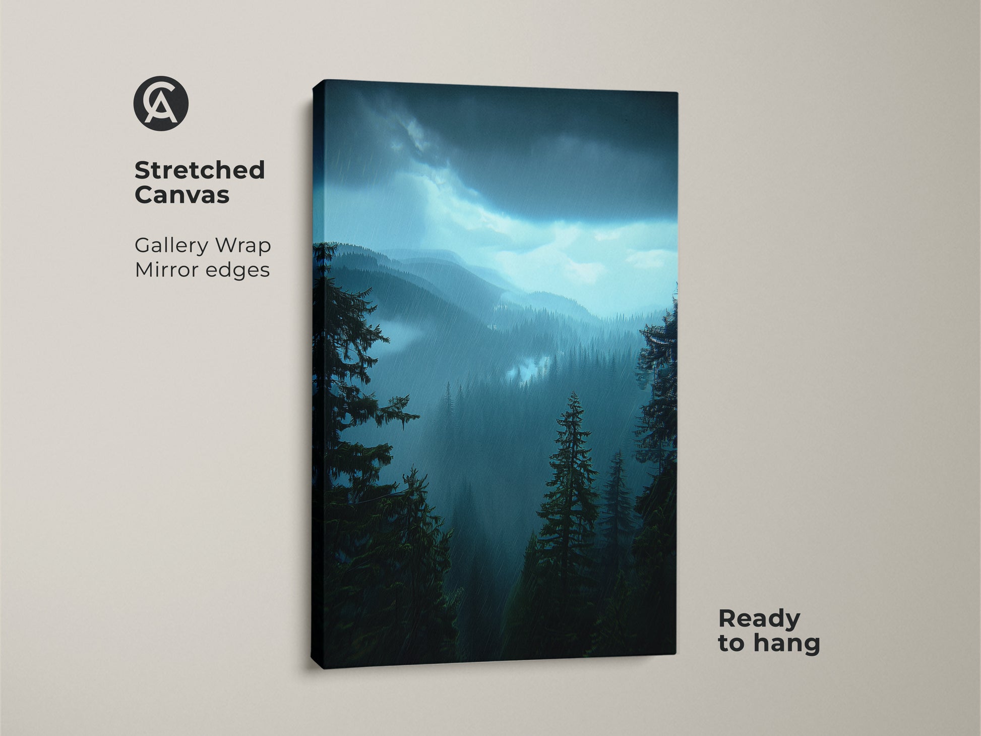 Stretched canvas of deep blue landscape print featuring a moody pine forest. This mountain forest canvas art has gallery wrapped mirror edges. Ready to hang this rustic home decor art piece. An outdoor lover gift idea. Nature scene wall hanging for hiker's paradise.