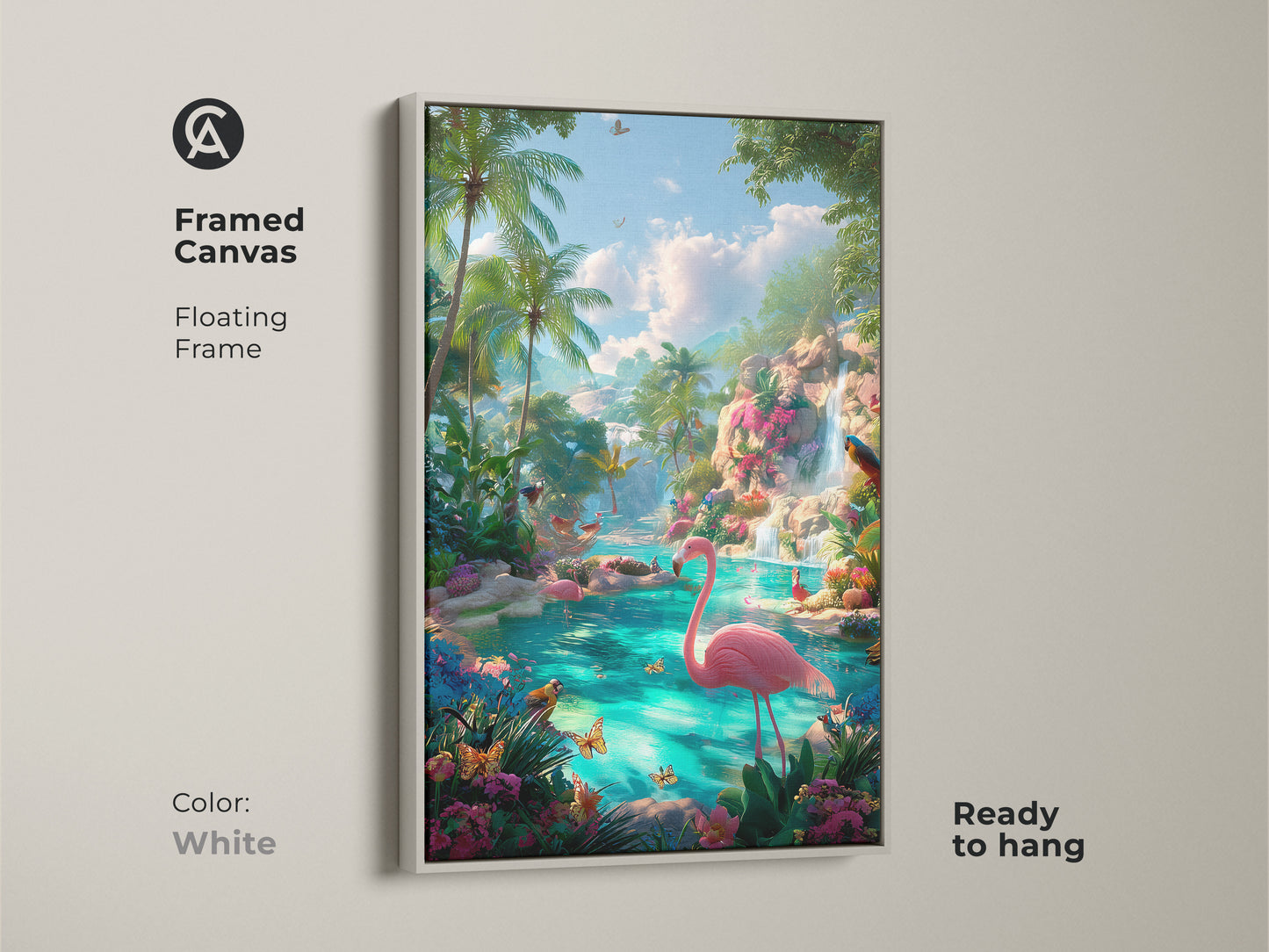Framed canvas with a white floating frame. A tropical lagoon is home to pink flamingos and palm trees. The vibrant art includes butterflies and a waterfall. This framed artwork is ready to hang and brighten any space.