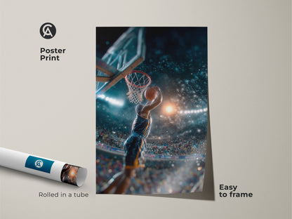 The energy of a basketball game is captured in this dynamic poster print. Watch as a player executes a slam dunk. This easy-to-frame artwork adds excitement to your walls. Rolled in a tube for safe delivery. A must-have for basketball fans and sports art collectors.