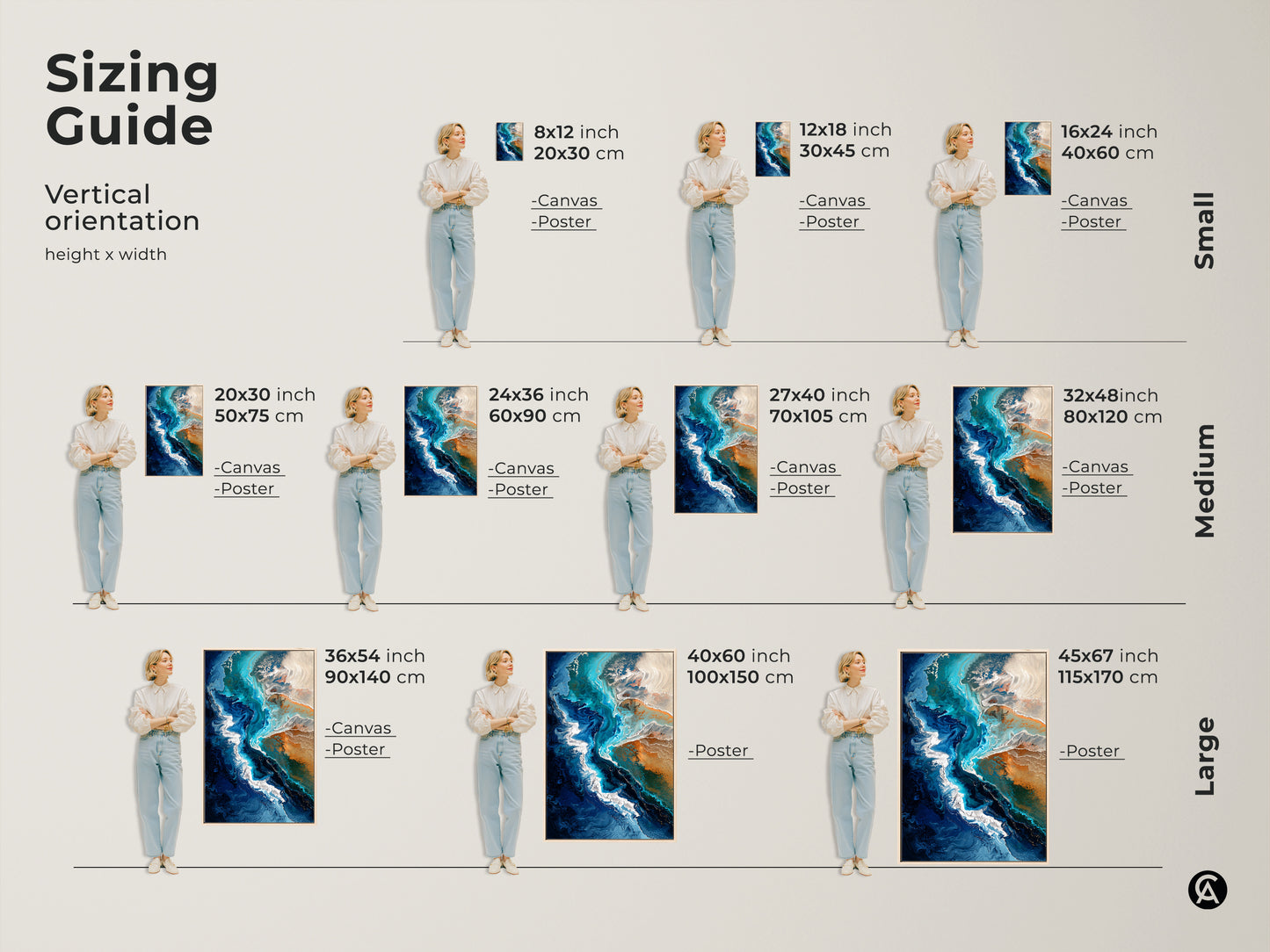 Sizing guide for vertical abstract ocean artwork. Visualize teal blue fluid art in various sizes for canvas and poster prints. Find the perfect fit for your coastal decor.