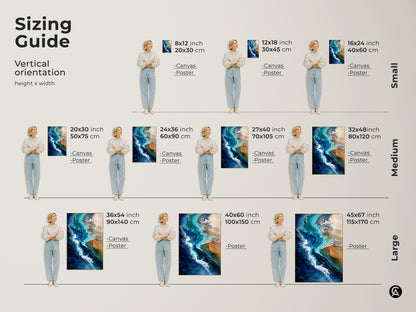 Sizing guide for vertical abstract ocean artwork. Visualize teal blue fluid art in various sizes for canvas and poster prints. Find the perfect fit for your coastal decor.