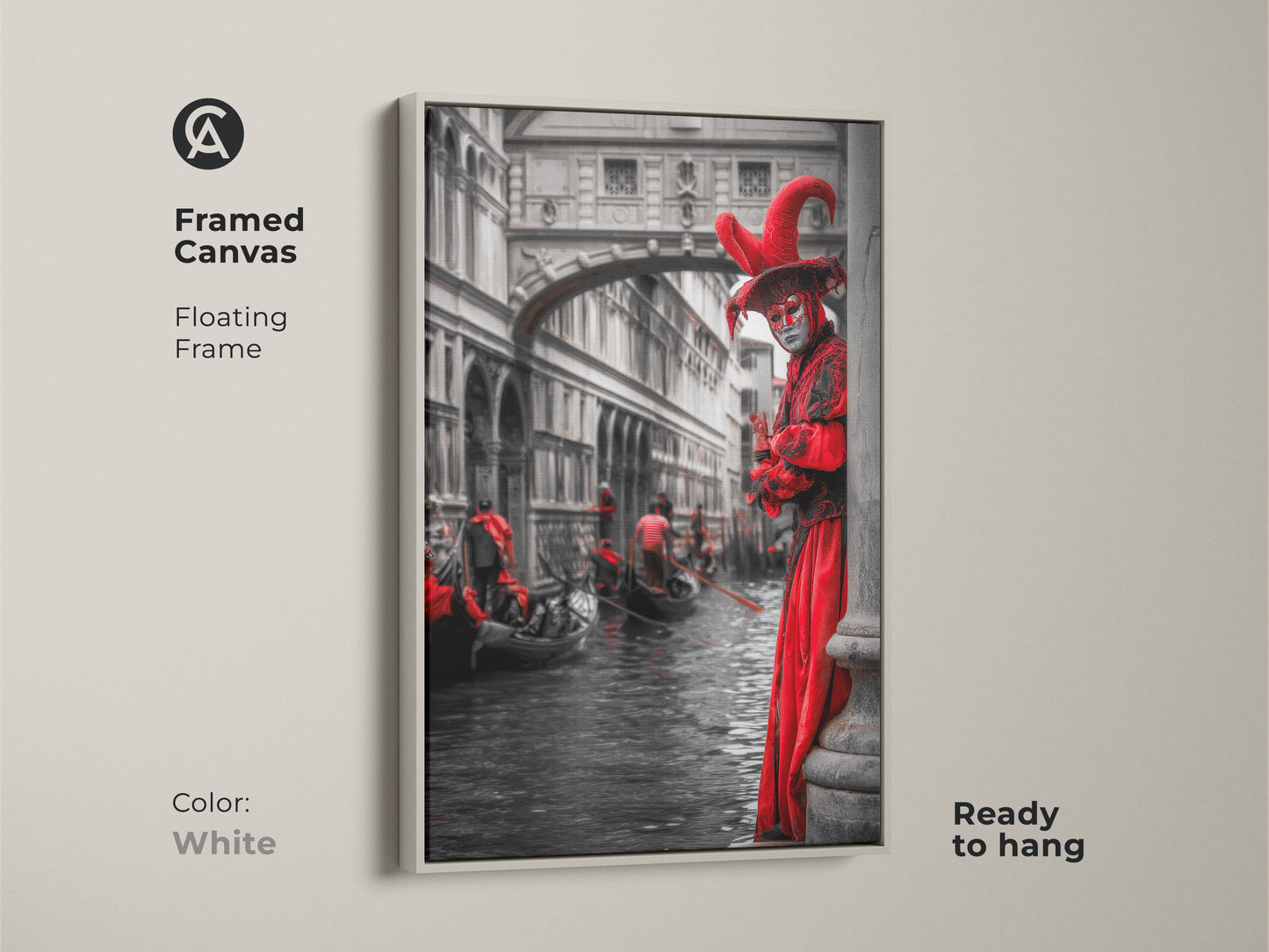 This Venetian Carnival wall artwork features a white floating frame. The red masquerade print contrasts beautifully with the neutral frame. It is the perfect Venice scene wall art. It brings a touch of Italian flair.