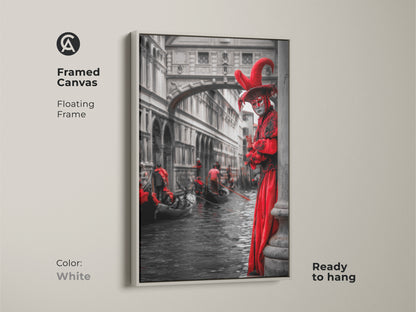 This Venetian Carnival wall artwork features a white floating frame. The red masquerade print contrasts beautifully with the neutral frame. It is the perfect Venice scene wall art. It brings a touch of Italian flair.