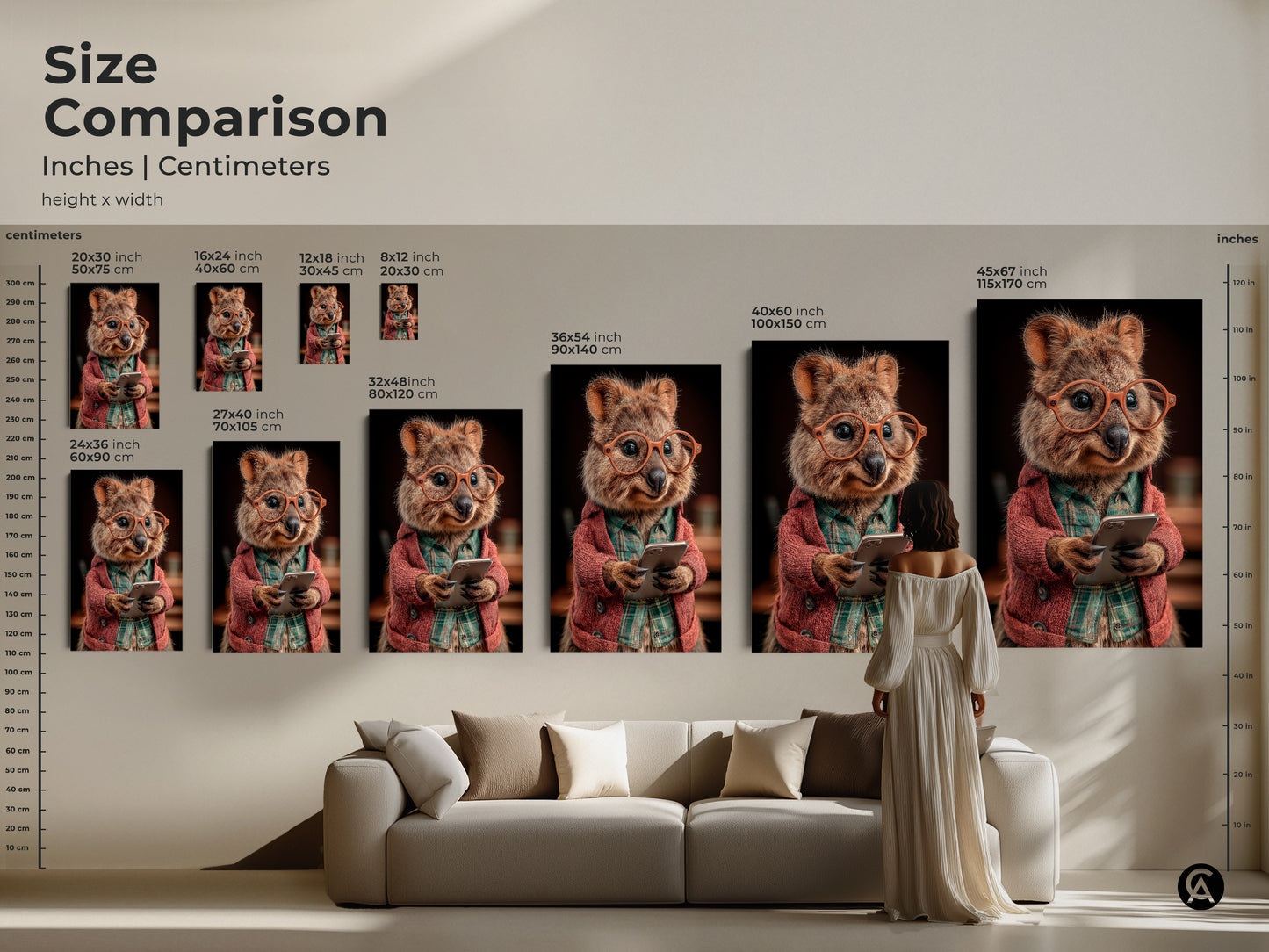 Size comparison of Quokka prints. Inches and centimeters dimensions. Eclectic wall art for a living room. Funny animal wall decor. Glasses wearing quokka art. Animal holding phone art. Perfect art for animal lovers.