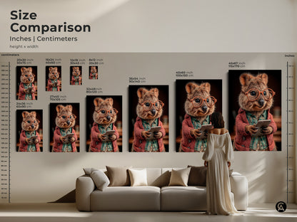 Size comparison of Quokka prints. Inches and centimeters dimensions. Eclectic wall art for a living room. Funny animal wall decor. Glasses wearing quokka art. Animal holding phone art. Perfect art for animal lovers.