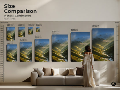 Size comparison of Terrace Fields art in inches and centimeters. Visualize canvas and poster sizes in a home setting. Choose from small medium and large options. Perfect for travel lover housewarming gift.