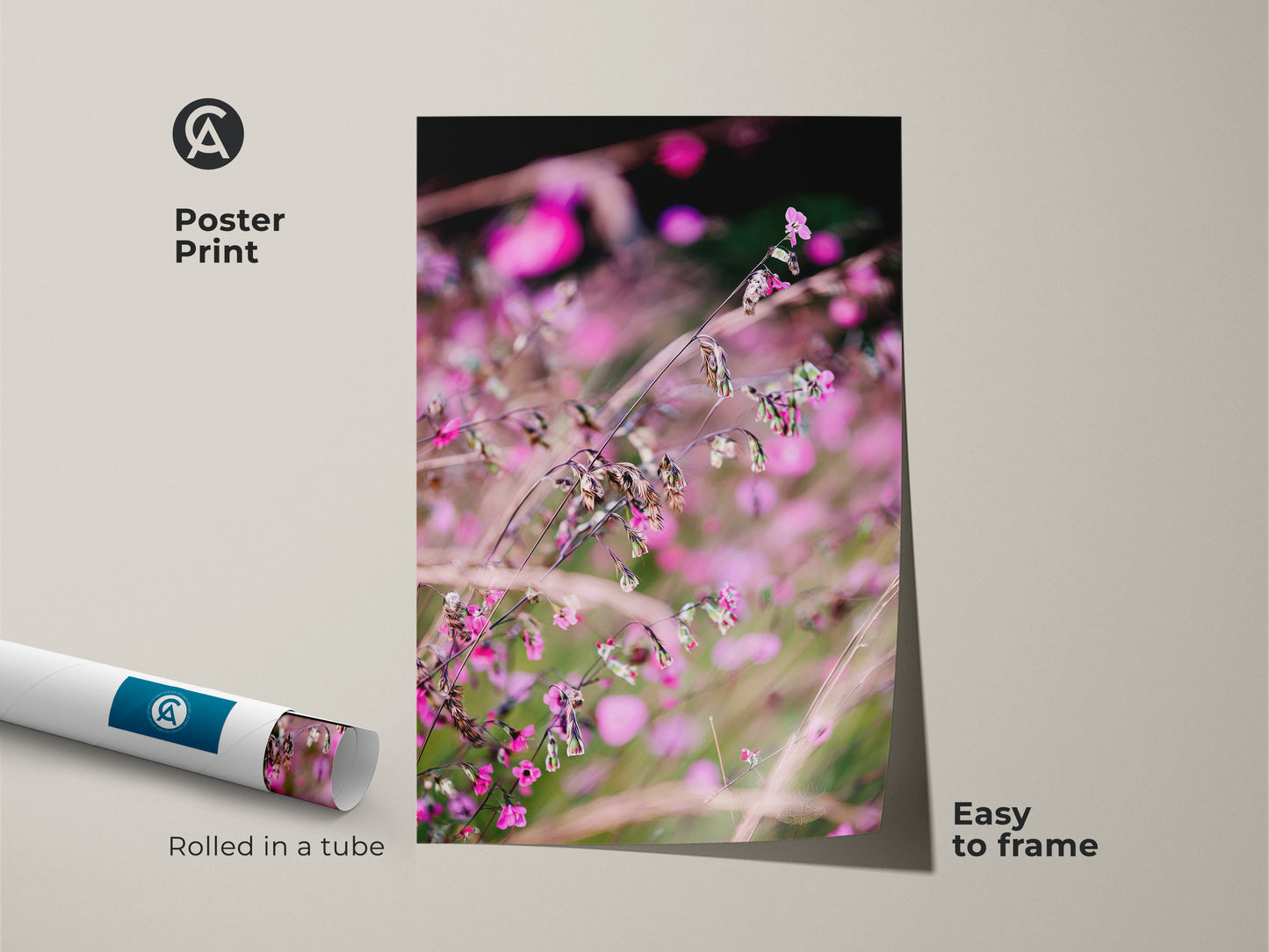 Poster print of a soft focus nature art piece. The pink wildflower macro photo is rolled in a tube for easy framing. This boho botanical wall art brings delicate beauty. Ideal as a plant lover gift. Aesthetic room art.