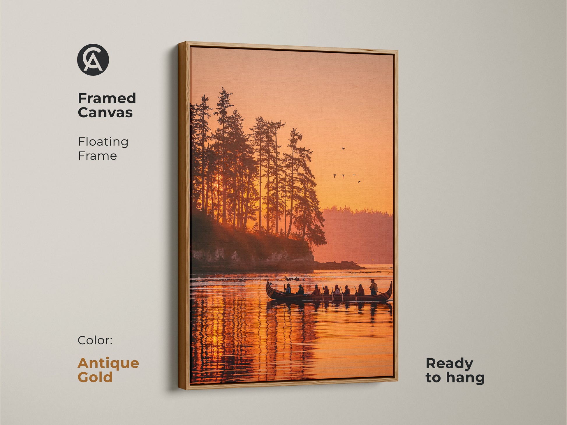 Framed canvas art with a floating frame showcasing a serene sunset scene with a canoe on a lake. The antique gold frame adds a touch of elegance to the artwork. The artwork captures the peacefulness of nature. It comes ready to hang making it easy to display. Shop unique wall art.