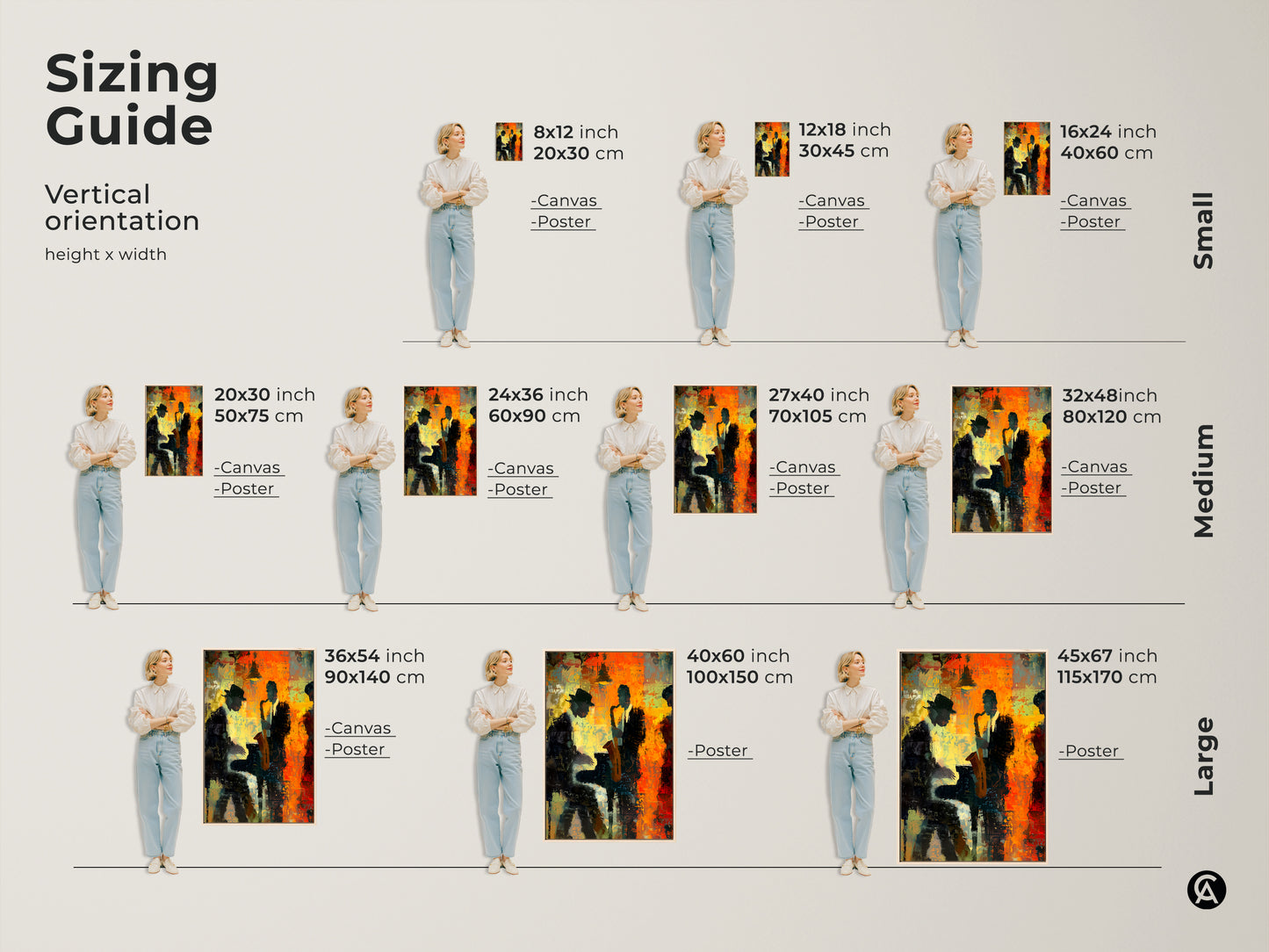 Sizing guide for vertical jazz artwork. Visualize how different sizes will look in your space. Options include canvas and poster prints in small medium and large formats. Find the perfect fit for your wall and enhance your home decor.