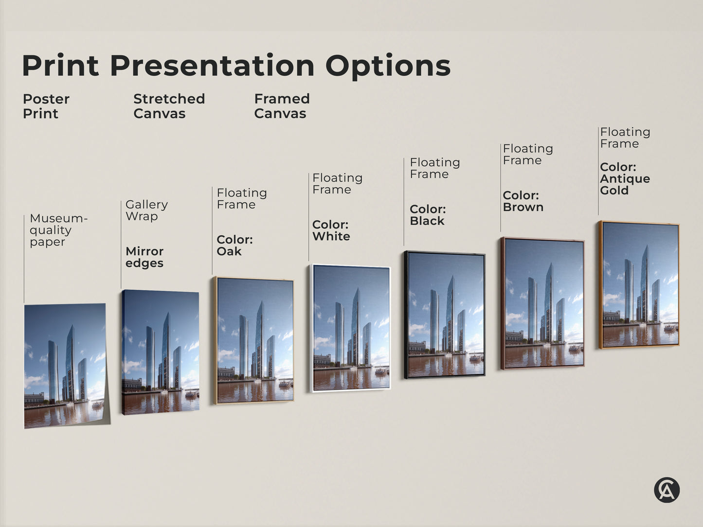 Explore print presentation options for modern cityscape canvas art. Choose from poster prints stretched canvas or framed canvas. Floating frames are available in white black brown and antique gold to match your steel blue wall art decor.
