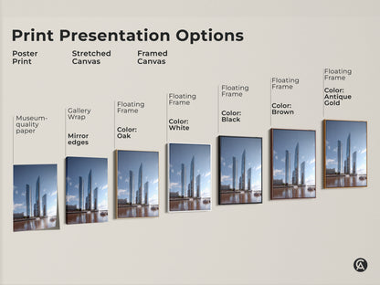 Explore print presentation options for modern cityscape canvas art. Choose from poster prints stretched canvas or framed canvas. Floating frames are available in white black brown and antique gold to match your steel blue wall art decor.