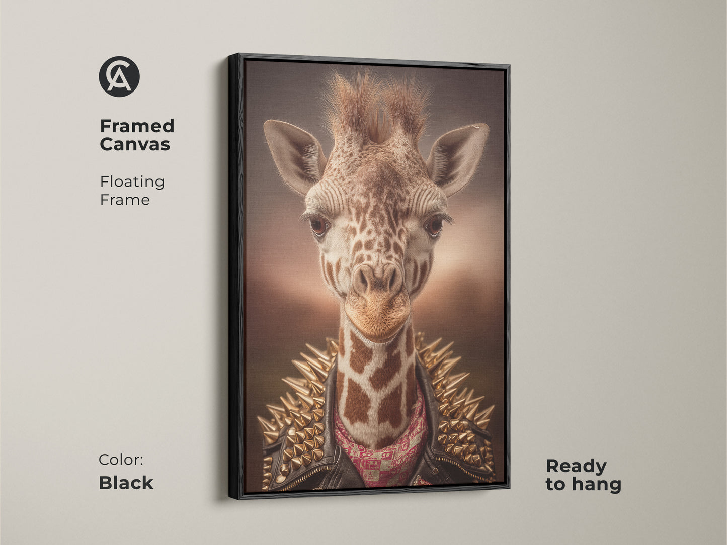 Framed canvas with a floating frame showcasing punk rock giraffe artwork. The black frame complements the tan gold brown artwork. This studded jacket wall art is ready to hang. It adds an edgy touch to any space and is perfect for eclectic giraffe art.