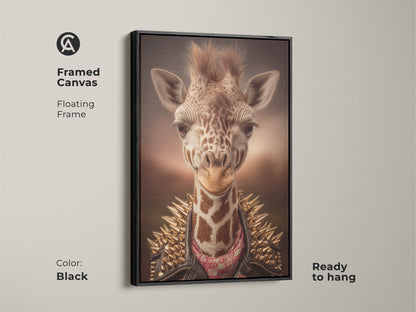 Framed canvas with a floating frame showcasing punk rock giraffe artwork. The black frame complements the tan gold brown artwork. This studded jacket wall art is ready to hang. It adds an edgy touch to any space and is perfect for eclectic giraffe art.