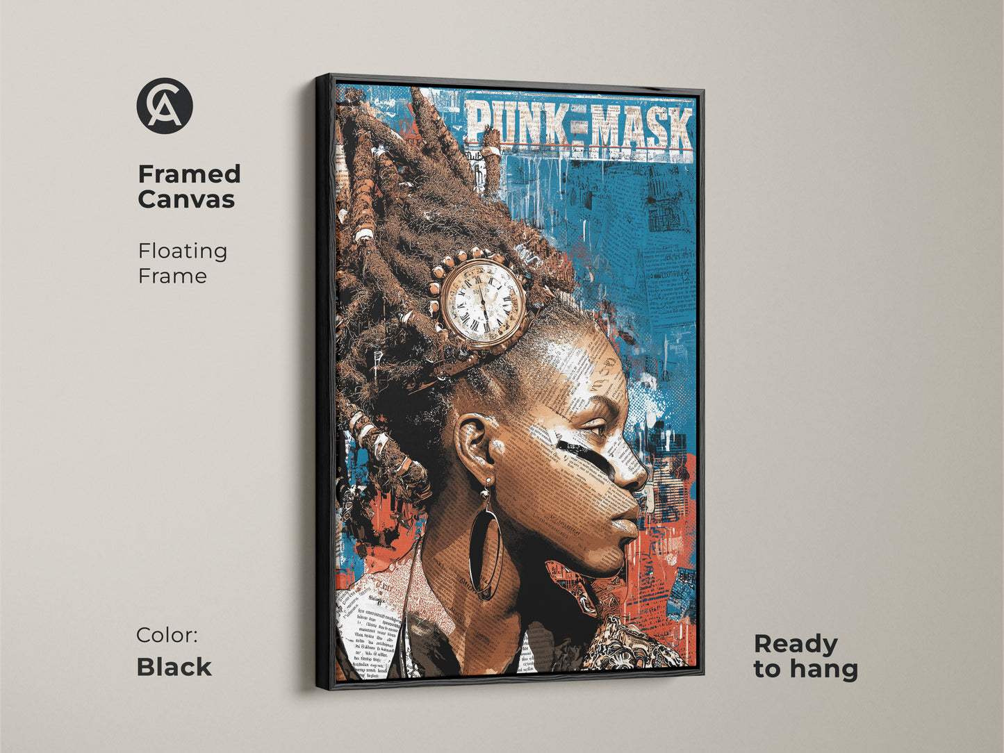 Black framed canvas art of a punk mask abstract portrait. The teal red blue collage adds eclectic decor. This is modern bedroom art and a unique wall hanging for your home.