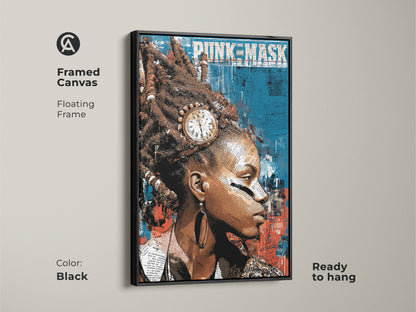 Black framed canvas art of a punk mask abstract portrait. The teal red blue collage adds eclectic decor. This is modern bedroom art and a unique wall hanging for your home.