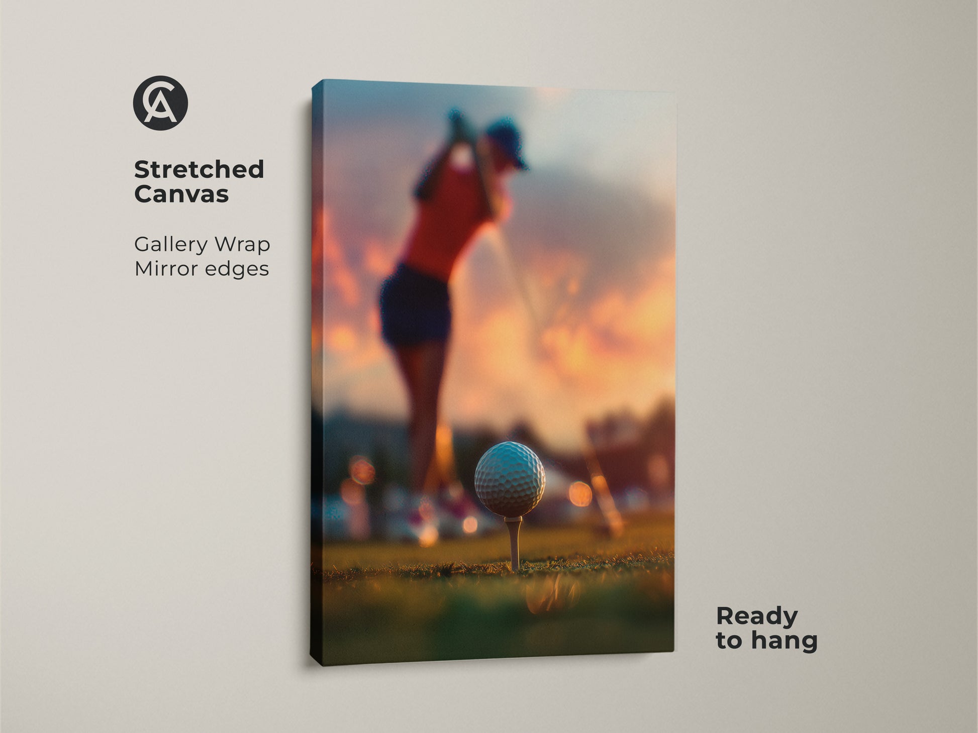 Stretched canvas artwork. A gallery-wrapped golf art piece shows a golfer. The golfer is captured mid-swing against a sunset backdrop. The golf ball is teed up ready for the game. Add this golf art to your sports themed wall art collection.