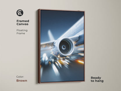 Brown framed canvas displaying futuristic jet engine art. The floating frame enhances this modern aviation print which is ready to hang. Its deep blue and silver tones add sophistication.