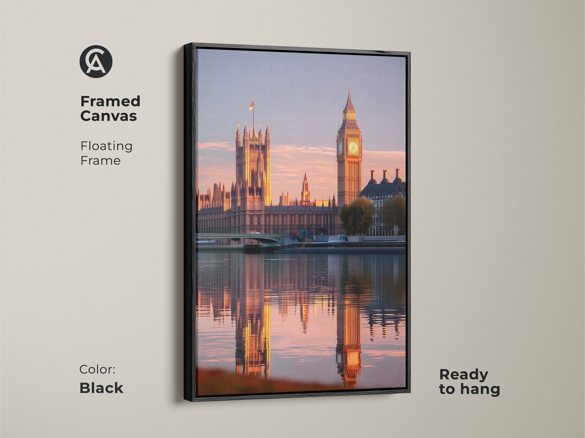 Framed Canvas artwork of London's Houses of Parliament and Big Ben during the warm golden hour. The floating frame is black and the print is ready to hang. Westminster Photography art for home decor.