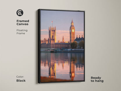 Framed Canvas artwork of London's Houses of Parliament and Big Ben during the warm golden hour. The floating frame is black and the print is ready to hang. Westminster Photography art for home decor.