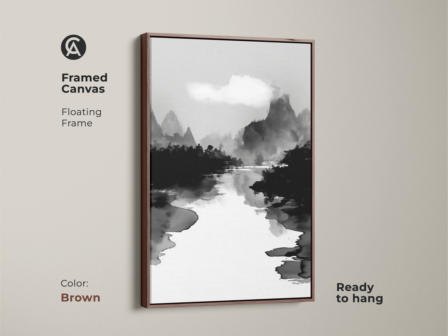 Framed canvas in brown showcasing a black white ink wash art print. This minimalist mountain river landscape canvas is perfect for Japandi bedroom decor. The Japanese Sumi-e style artwork brings a calming effect. The fine art landscape print enhances any room with its monochrome beauty.