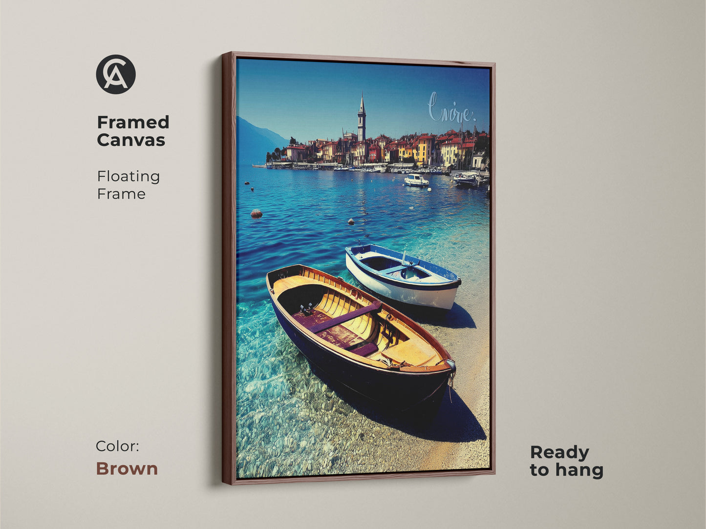 Brown framed canvas art of a European coastal town. The floating frame highlights blue boats and clear water in this realistic artwork. Ready to hang it offers coastal charm. A perfect beach lover gift to enhance any room with vibrant blue hues and nautical boat artwork.