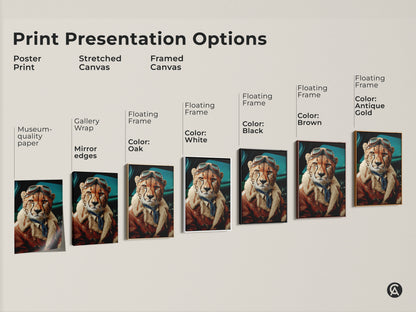 Print presentation options for surreal cheetah aviator art. It shows poster prints stretched canvas and framed canvas options. With options like museum quality paper gallery wrap and floating frames.