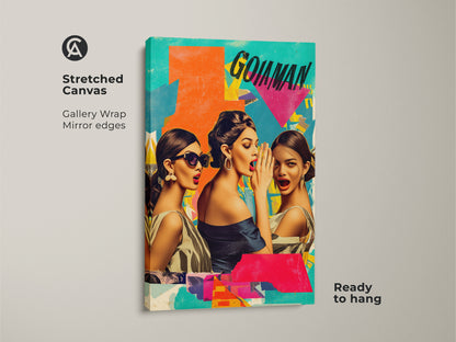 Stretched canvas art displaying gossiping ladies. This retro collage wall art features pop art elements. The eclectic home decor is ready to hang with mirror edges. Ideal fashionista gift idea.