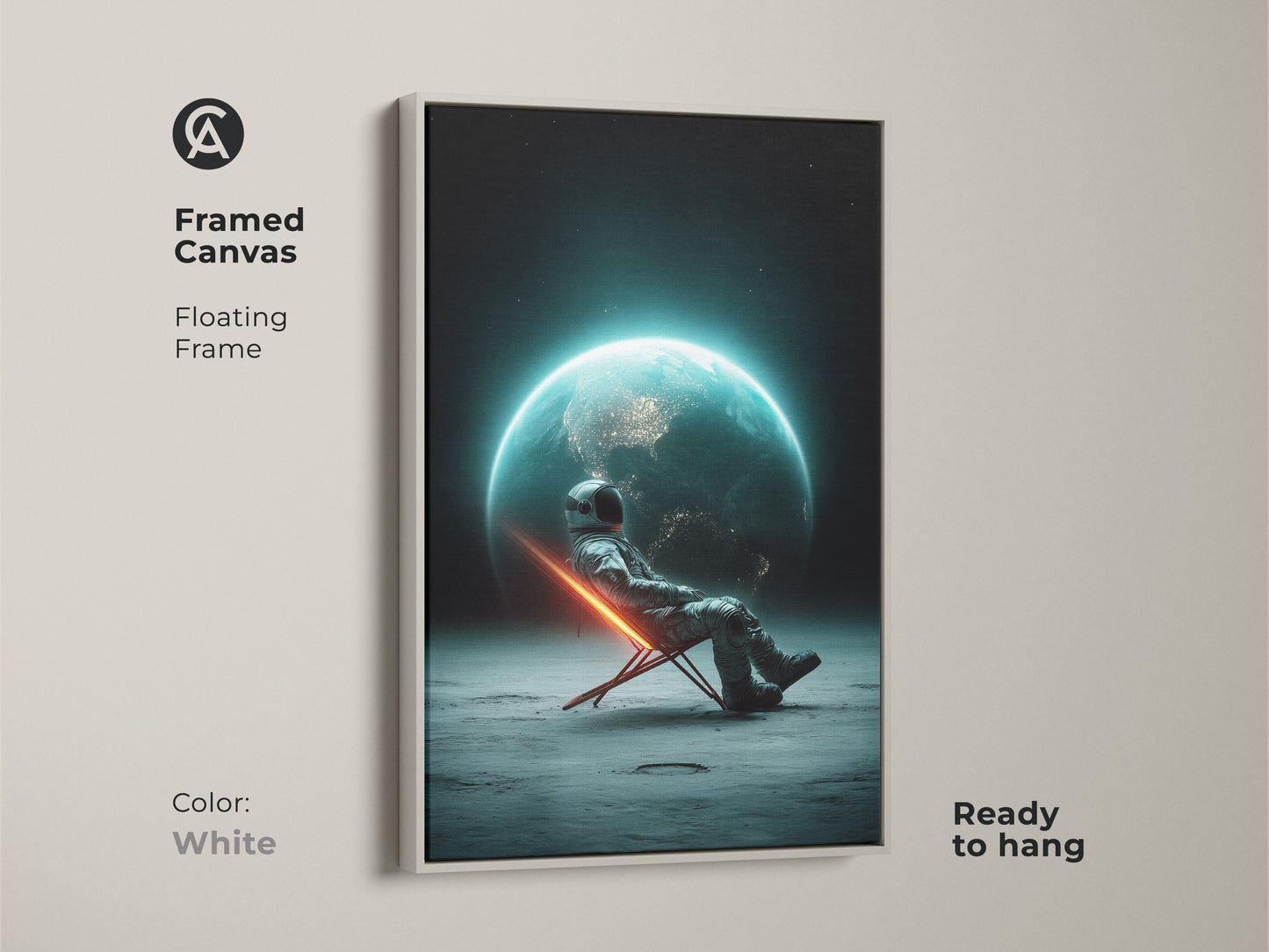 White framed canvas print of an astronaut on the moon. A surreal sci-fi artwork with a futuristic space view. Perfect celestial bedroom art. It is a unique wall hanging that's ready to hang. A great gift for space lovers and astronomy enthusiasts.