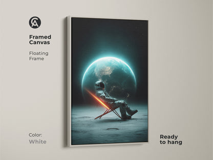 White framed canvas print of an astronaut on the moon. A surreal sci-fi artwork with a futuristic space view. Perfect celestial bedroom art. It is a unique wall hanging that's ready to hang. A great gift for space lovers and astronomy enthusiasts.