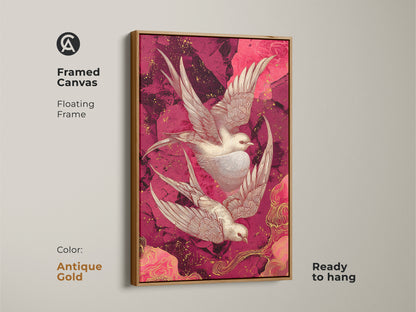 Framed canvas print of crimson and pink swallow art in an antique gold floating frame. Ready to hang. This wall art for the living room adds a touch of luxury. Modern eclectic art for animal lovers.